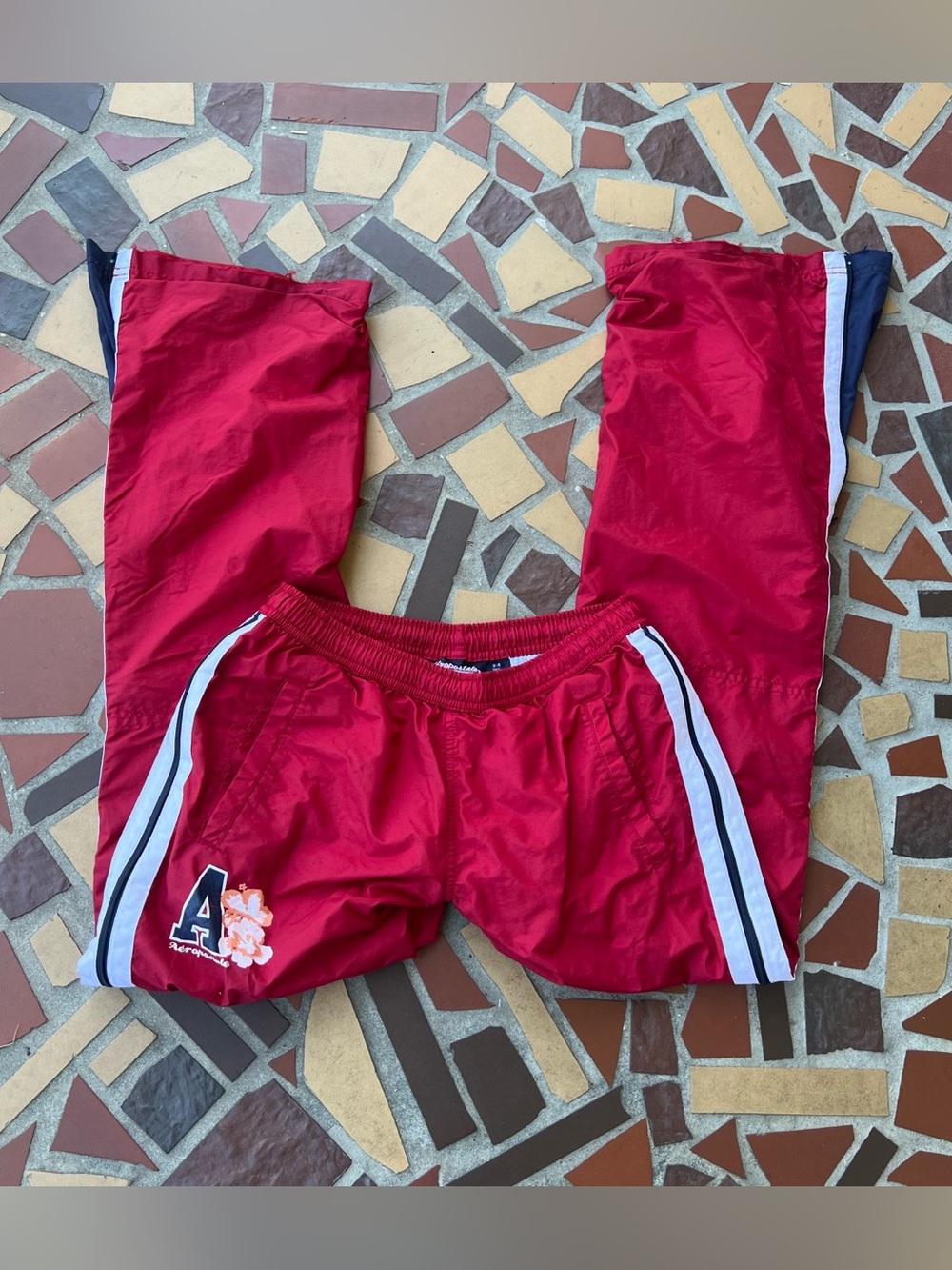 Vintage Y2K Aeropostale Red Track Joggers with White & Navy Side Stripes